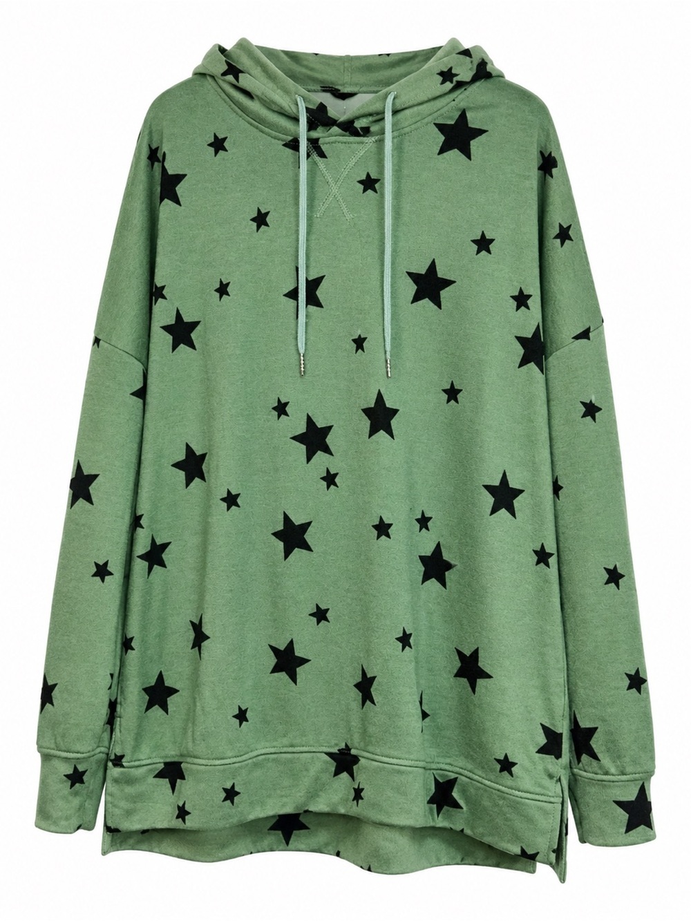 3X Sage Green Black Star Print Oversized Hoodie Tunic Pullover Sweatshirt